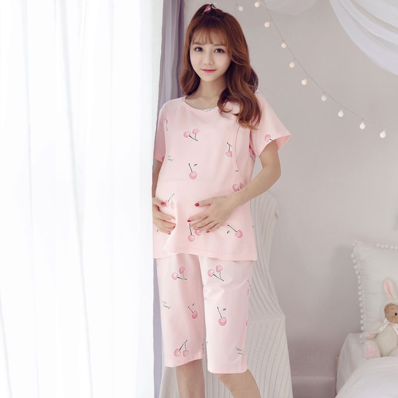 茵珠麗YinZhuli 夏季新款针织棉薄款短袖哺乳睡衣坐月子孕妇居家服套装女 夏天女士月子服卡通喂奶衣6012 8号款 2XL