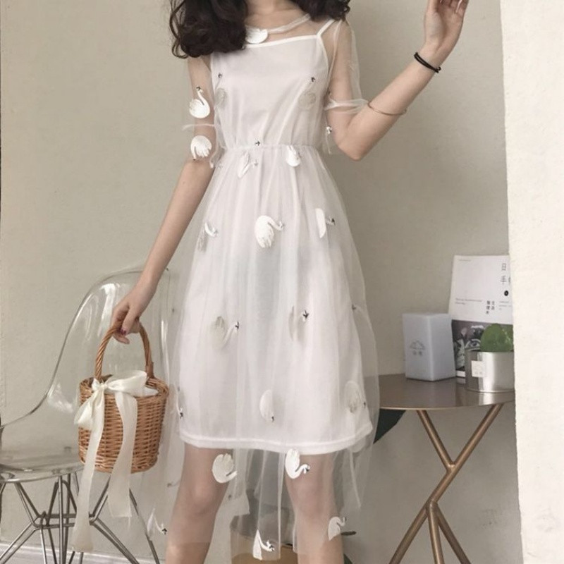 夏季韩版chic百搭印花网纱外穿内搭无袖中长款吊带连衣裙两件套女_1 均码 白色