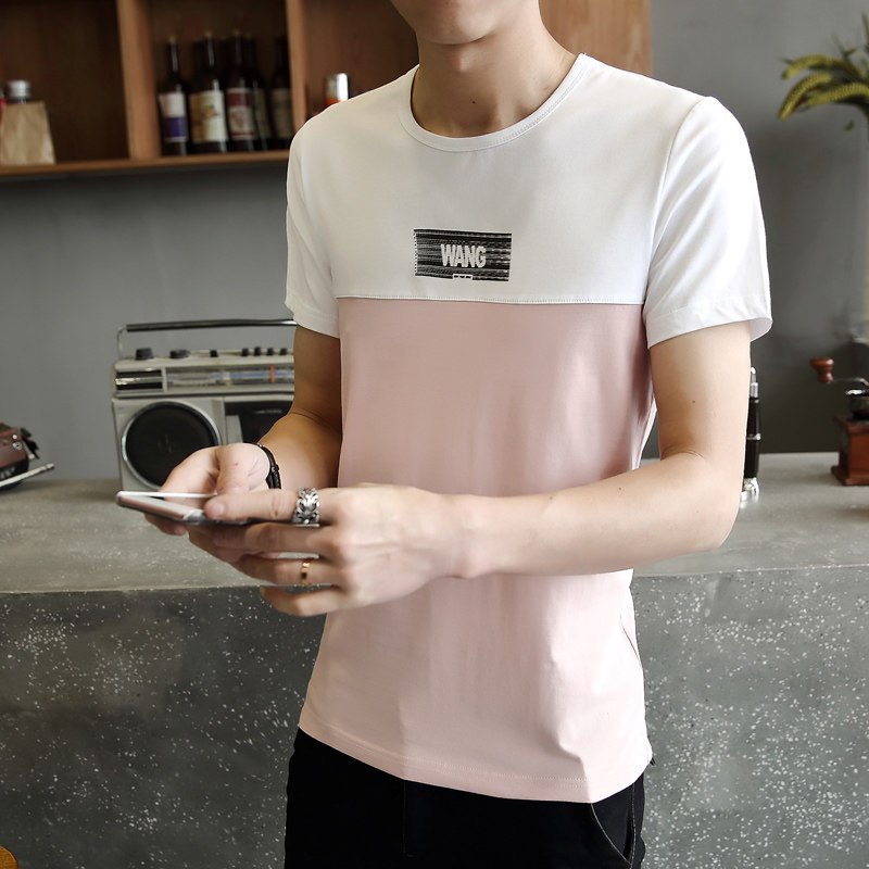 男士短袖T恤打底衫潮流上衣服韩版半袖男装 2XL 浅粉