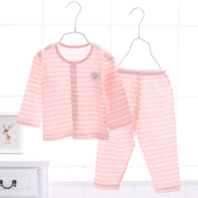 婴儿空调服长袖薄款宝宝内衣套装夏季新生儿衣服儿童睡衣夏装简约小清新男女宝宝儿童夏季家居服套装 80cm S18305条纹妆粉色