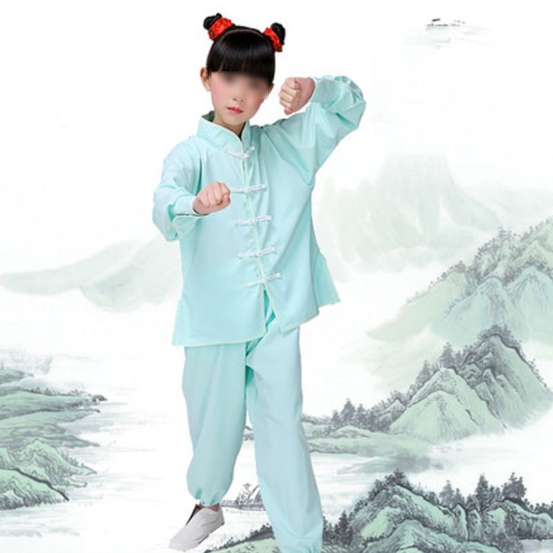 儿童武术服装表演服装男女功夫练武服少儿小朋友长袖武术衣服通用套装简约小清新婴童套装 120cm 青绿色长袖