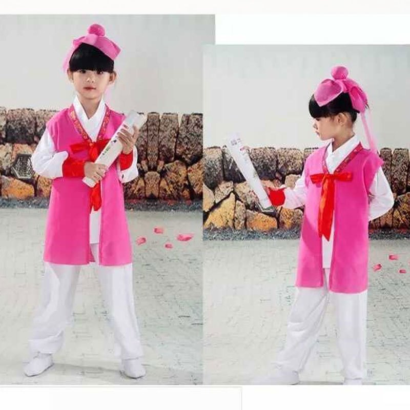儿童古装书生书童服男女童汉服演出服幼儿小朋友国学服装三字经表演服通用套装简约婴童套装 130cm 玫红色