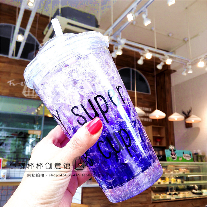 创意韩国个生随手杯便携塑料杯子夏日冰杯女带盖吸管水杯成人 紫色英文450ML送礼品