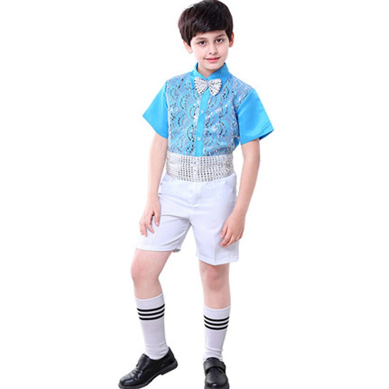 六一学生合唱服幼儿园小朋友表演服装儿童小男孩演出服男童舞蹈服通用套装简约婴童套装 120cm 男蓝色亮片背带裤