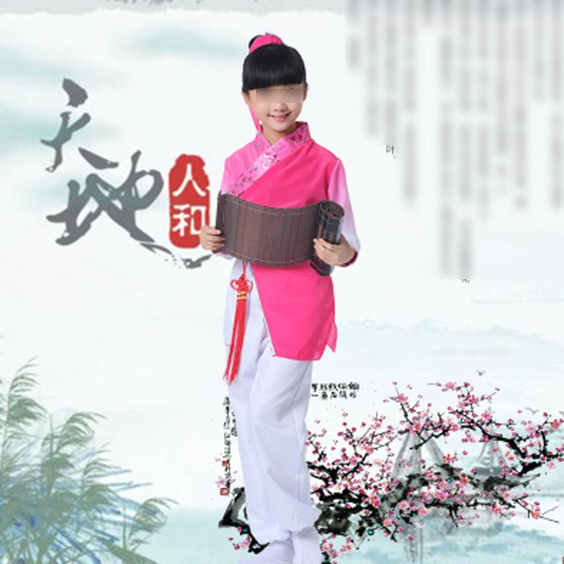 儿童古装汉服幼儿国学服装弟子规演出服男女童三字经书童表演服装通用套装简约婴童套装 110cm 玫红色-长袖刺绣