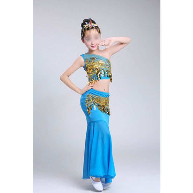 六一儿童民族舞蹈服孔雀舞演出服装女童少儿鱼尾裙长裙通用套装简约小清新婴童裙子套装 110cm 天蓝色