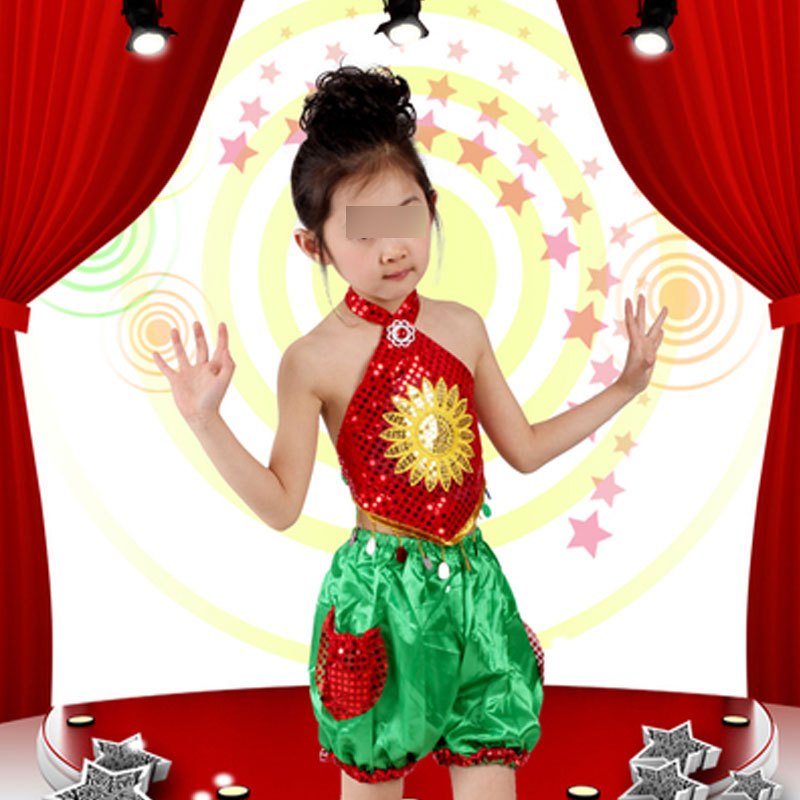 六一节儿童演出服幼儿园舞蹈服装男童女童腰鼓肚兜表演服饰萌趣创意可爱亮片儿童表演舞台服 120cm 红肚兜+绿裤子