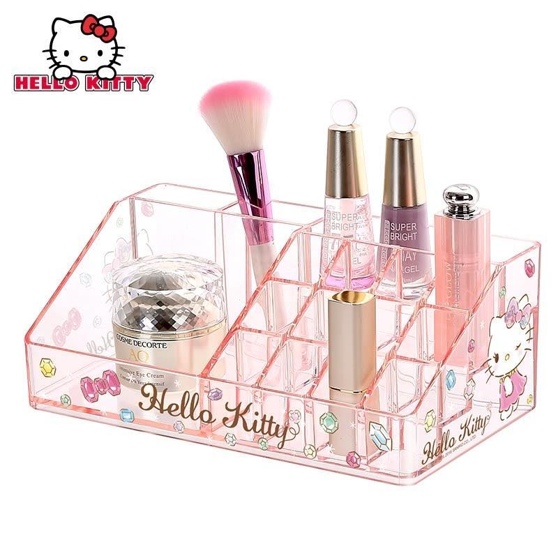 Hellokitty桌面化妆品收纳盒透明塑料桌面口红护肤品收纳盒_6 KT平面透粉