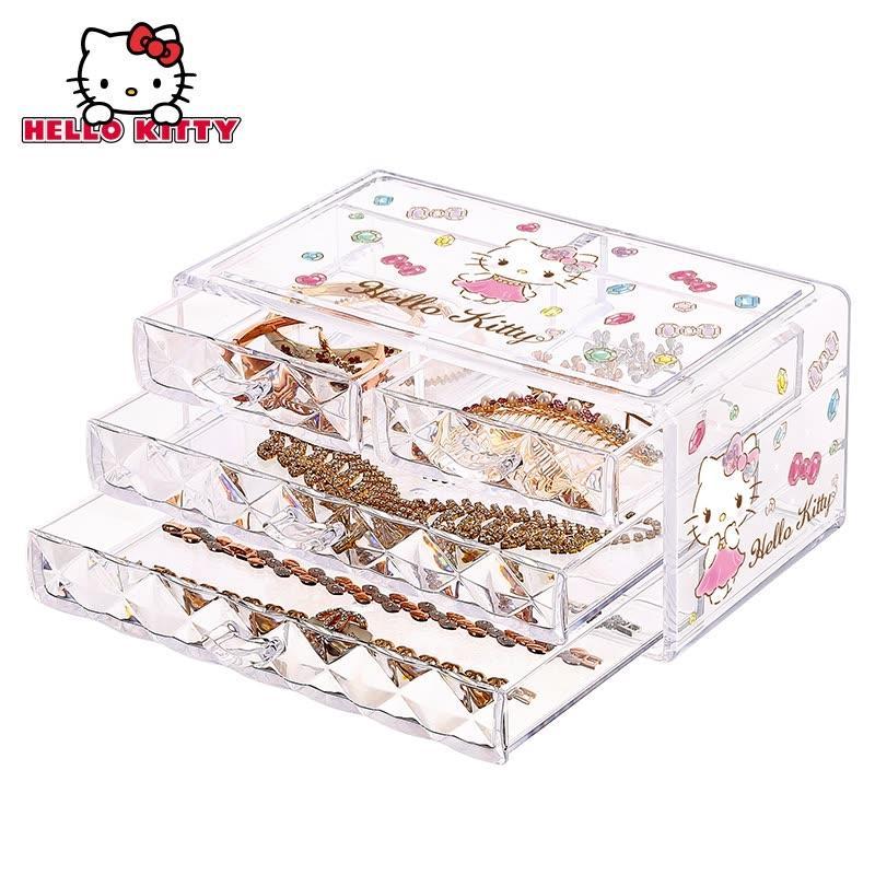 Hellokitty桌面化妆品收纳盒透明塑料桌面口红护肤品收纳盒_6 KT三层钻石纹透明抽屉2+2