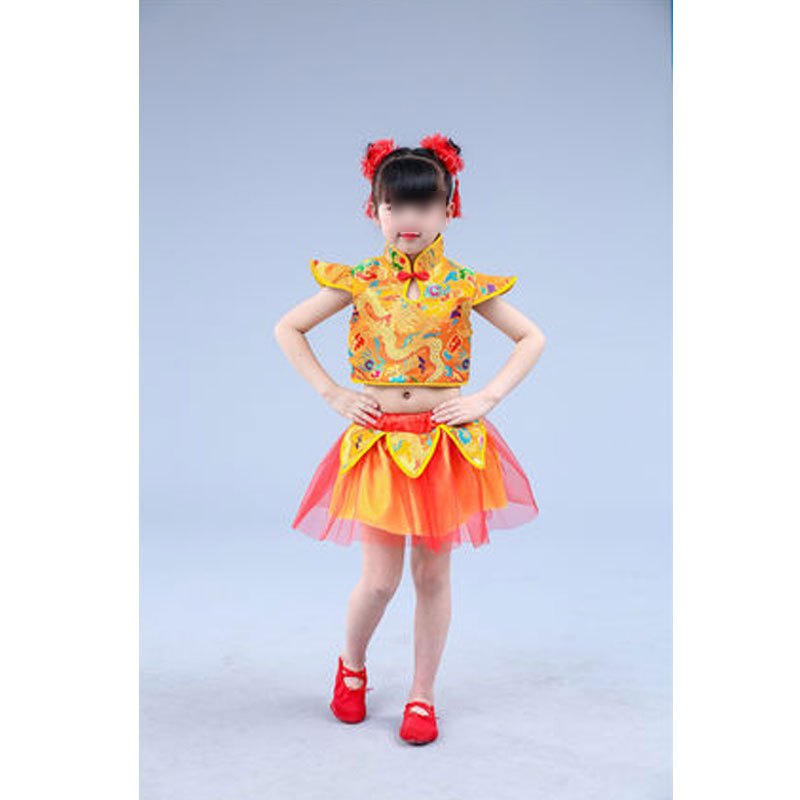六一儿童武术服演出服打鼓表演服装幼儿园小朋友表演服幼儿秧歌服装通用套装简约婴童套装 100cm 黄色短袖女款