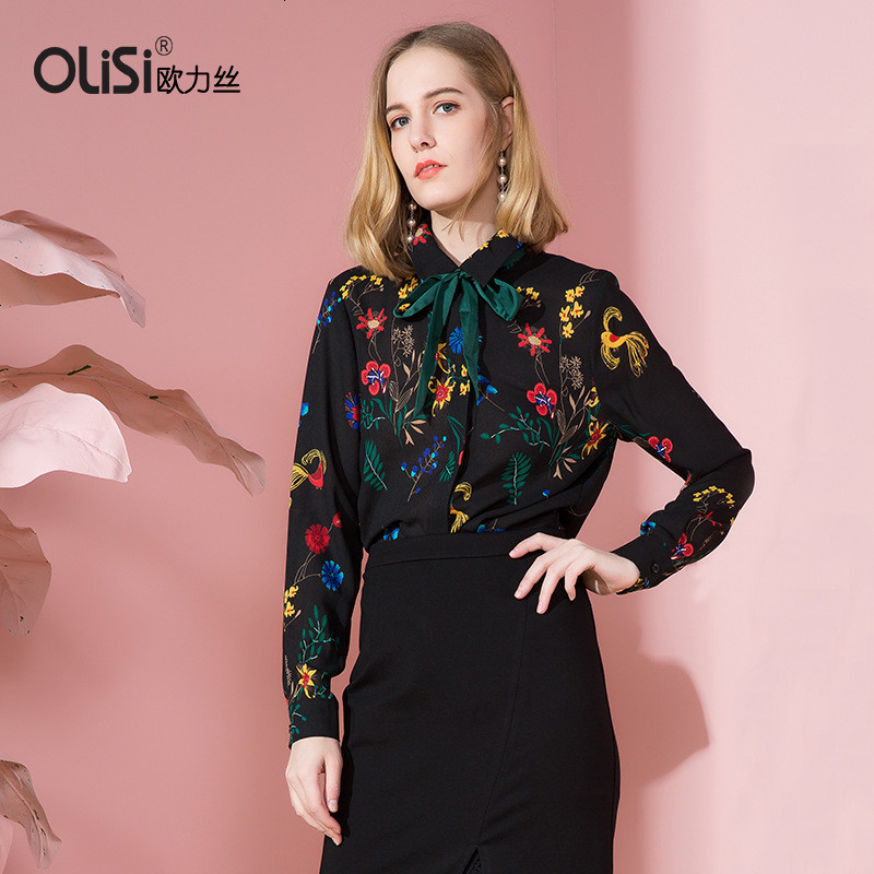 OLiSi欧力丝系带印花女式衬衣2018新款夏装长袖碎花时尚百搭衬衫_988 XL 黑多色