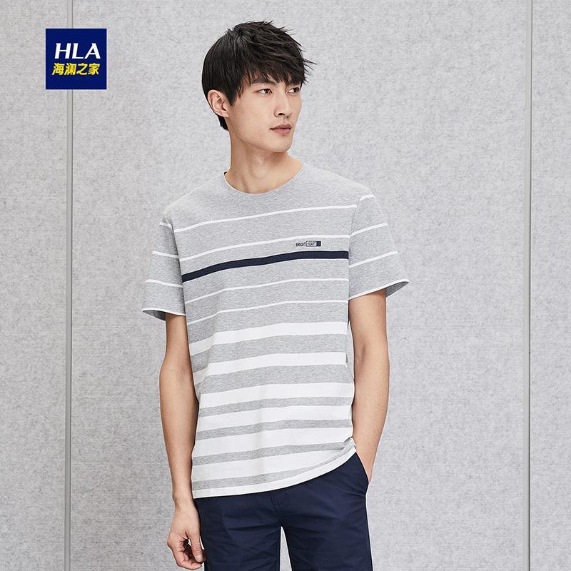 HLA海澜之家微弹条纹提花短袖T恤2018夏季新品针织T恤男HNTBJ2E210A_1 185/100A/XXL 浅灰条纹M0