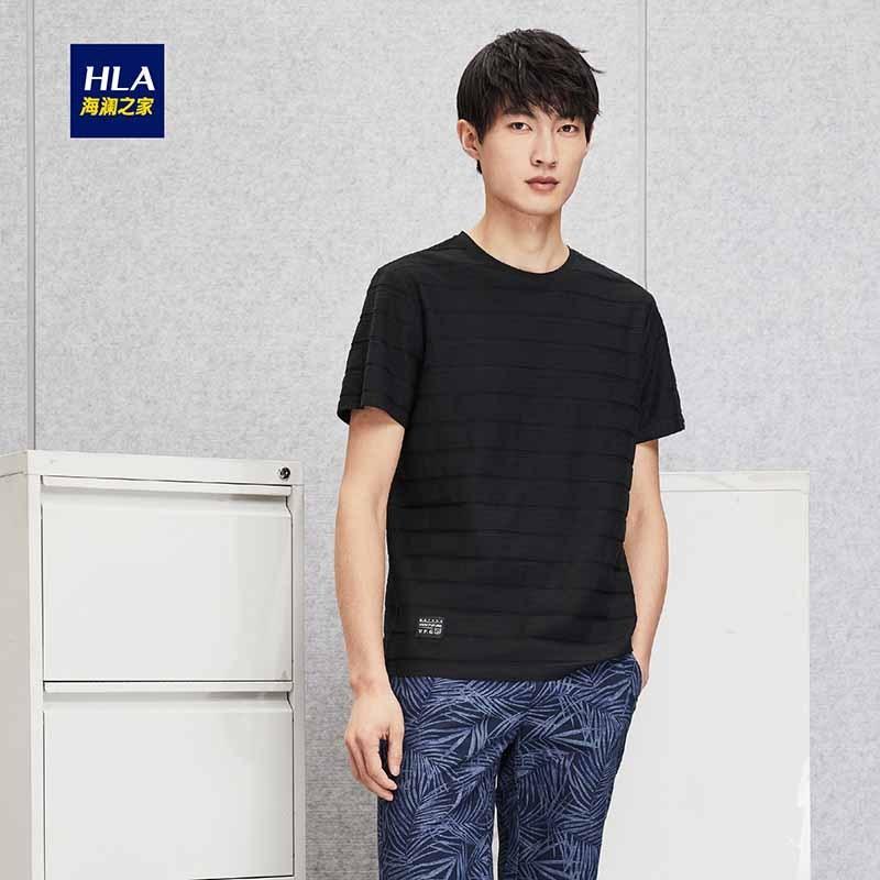 HLA海澜之家提花简洁短袖T恤2018夏季新品舒适透气T恤男HNTBJ2E340A_1 185/100A/XXL 黑色YM