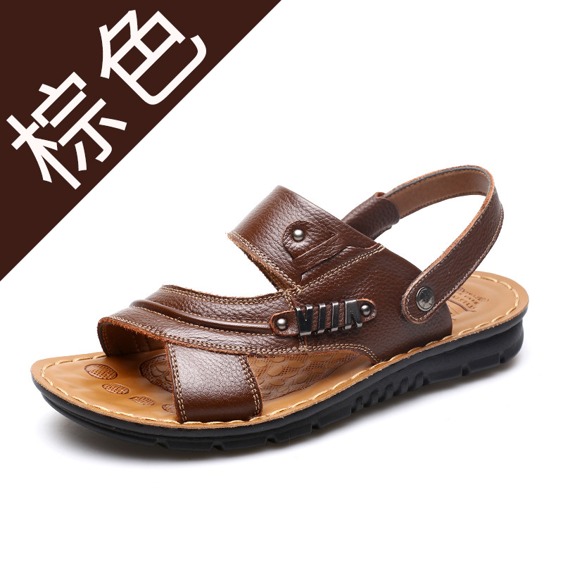 头层牛皮夏季男士凉鞋真皮沙滩鞋透气休闲牛皮青年男土鞋子潮凉拖 10788棕色 40码