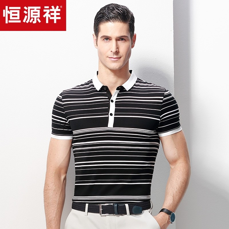 恒源祥中老年T恤男短袖夏季新品纯棉体恤爸爸装条纹翻领polo衫_6 175/92A 黑色
