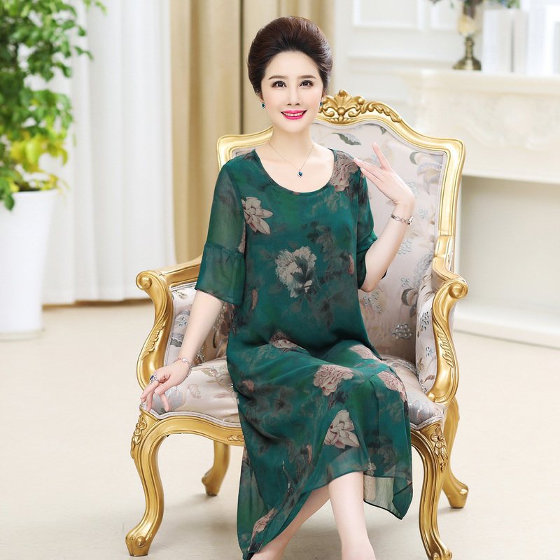恒源祥中老年连衣裙荷叶袖雪纺复古印花2018春夏妈妈装宽松长裙_1 175/2XL 墨绿