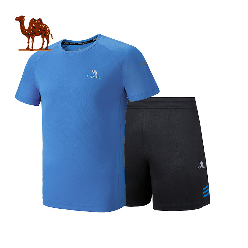 CAMEL骆驼户外速干套装 2018夏季新款男款跑步健身训练紧身衣短裤短袖速干两件套装 XXXL 彩蓝