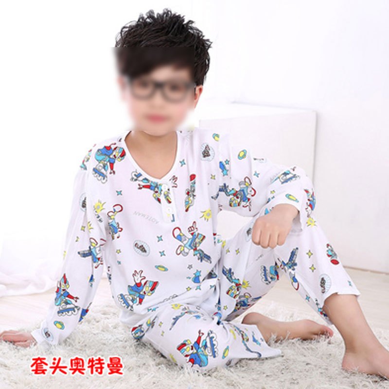 儿童睡衣夏季绵绸男女宝宝家居服婴儿夏装薄款空调服长袖长裤两件套装简约小清新婴童套装 (65码建议85-95cm) 米白色-套头白色奥特曼