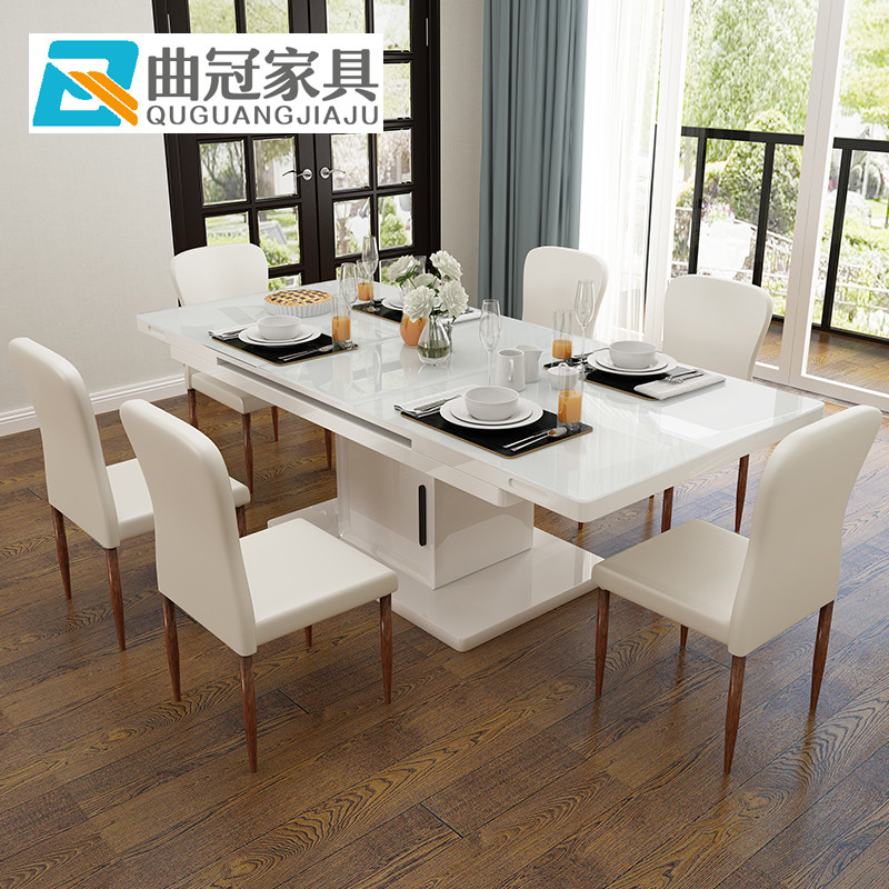 曲冠(Quguan)现代简约 烤漆伸缩餐桌餐厅储物餐桌台 餐厅家具套装组合 一桌四椅