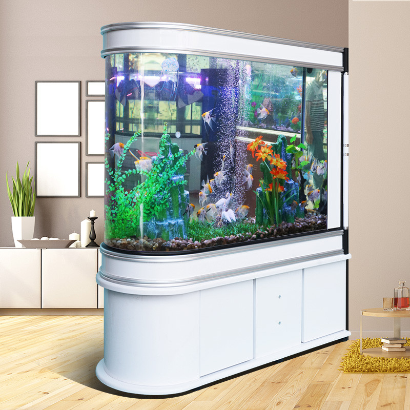DISHUN超白玻璃鱼缸1米1.2米1.5米屏风鞋柜免换水生态水族箱包邮 长1.2米缸+LED灯+柜（备注颜色） 银+白