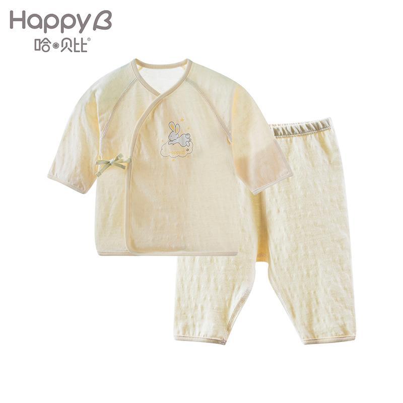 哈贝比（happyB）新生儿衣服轻薄透气和尚服宝宝绑带套装反口袖上衣裤子夏季 黄色 60(3-6月)