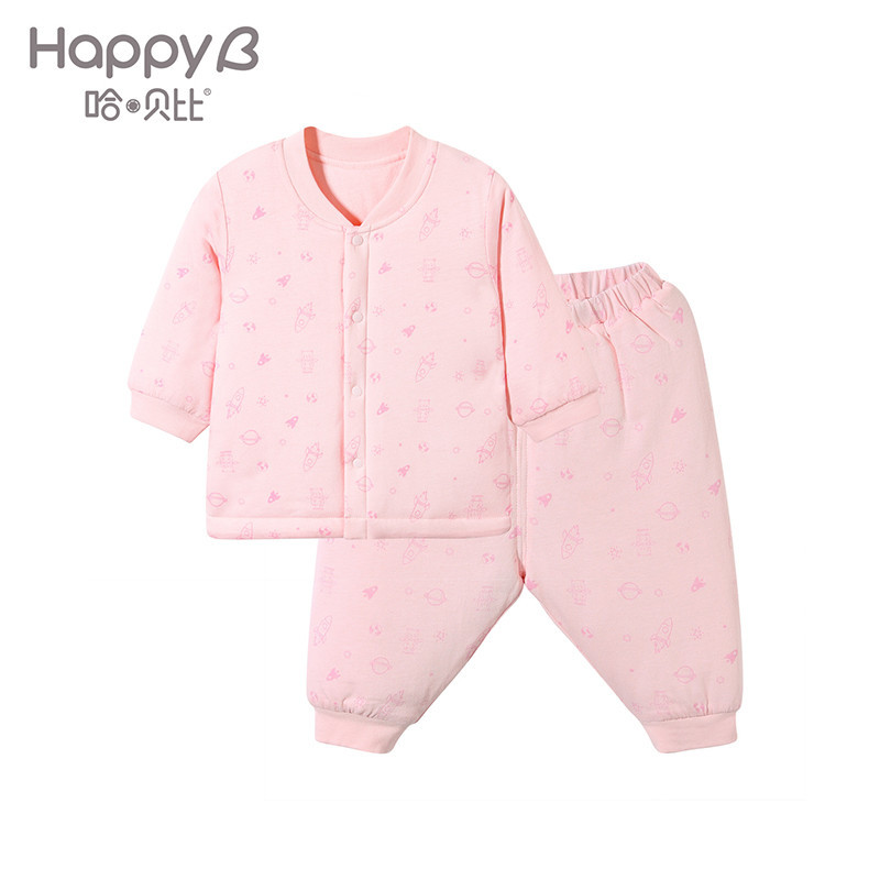 哈贝比（happyB）童装婴儿衣服宝宝套装冬装加厚保暖男女宝宝衣婴幼儿内衣上衣长裤_0 100(2-3岁) 粉色夹棉前开套装