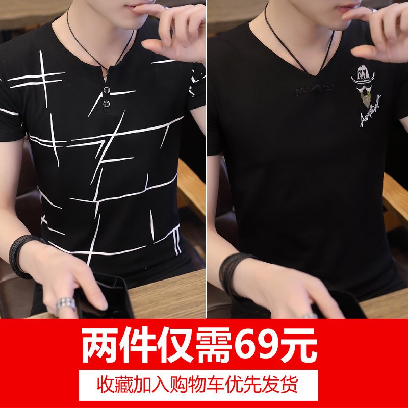 男士短袖T恤夏季圆领体恤韩版日潮流男装印花纯棉半袖上衣服丅恤_2 2XL 305黑色+639黑色