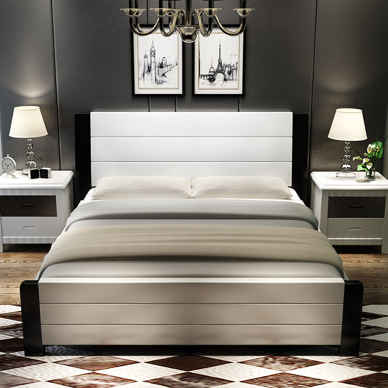 现代简约全实木床白色橡木1.8米双人床1.5m1.2单人床1.35主卧家具 1500*2000框架床+2柜+环保床垫