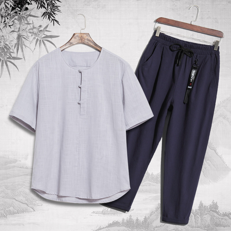 爸爸夏季中年棉麻短袖T恤套装夏装中老年40-50-60岁老码衣服_3 L 灰衣黑裤