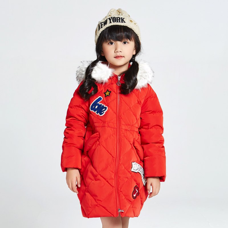 千仞岗2018秋冬新品童装羽绒服带毛领中长款连帽韩版女童装219853 100cm 活力红104
