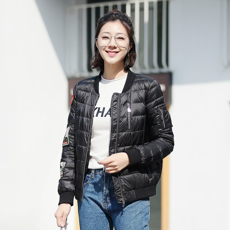 千仞岗2017秋冬新款羽绒服女短款加厚显瘦棒球领贴标羽绒服219002 170/L 魔力黑88005