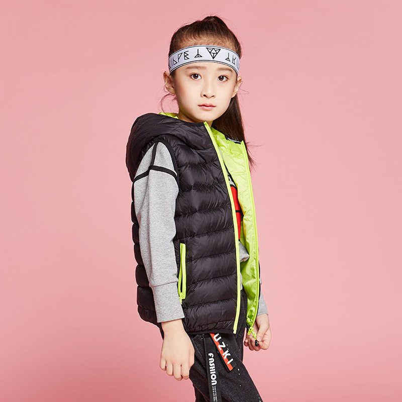 千仞岗2017秋冬新款童装羽绒服女童男童连帽撞色羽绒马甲229801 120cm 005魔力黑