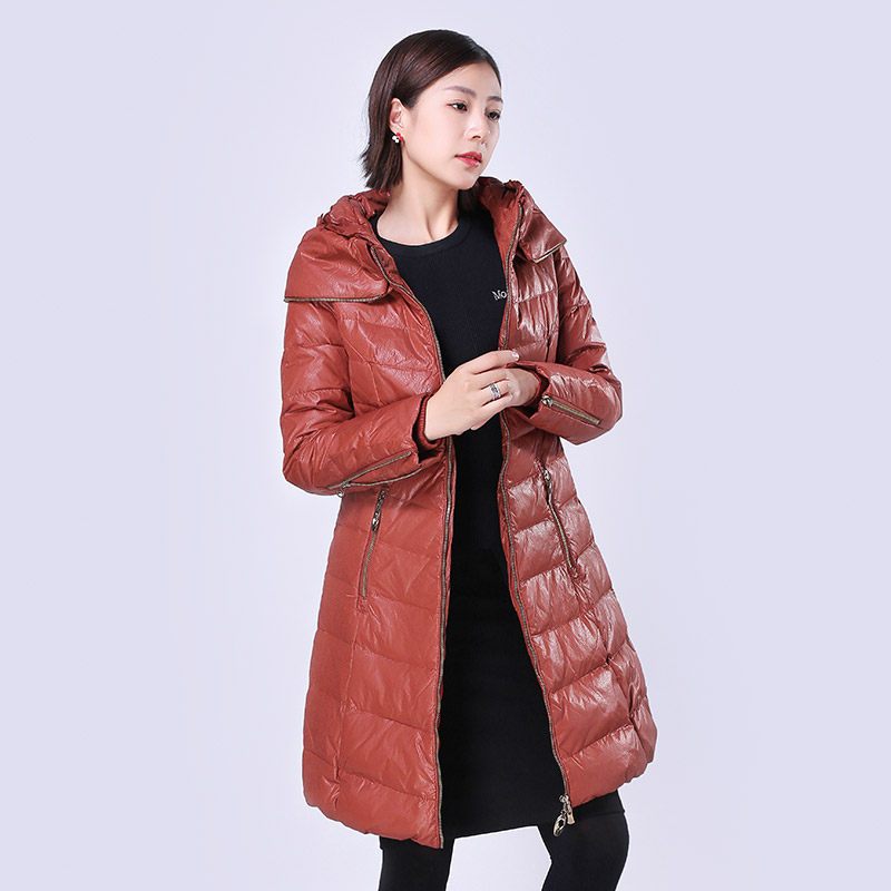 千仞岗品牌冬季女装双层领喇叭袖修身中长款羽绒服女外套_3 170/L 红色150