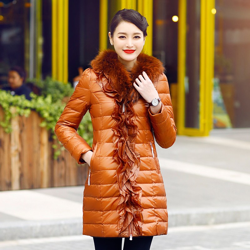 千仞岗秋冬新款羽绒服女中长款修身花边貉子毛领加厚冬装外套 170/L 栗红色391