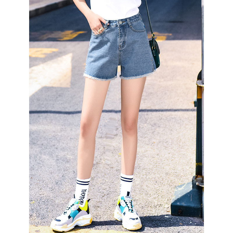 天淳尔女装夏季高腰简约毛边侧边开叉牛仔短裤2018ZY-986 XL 蓝色