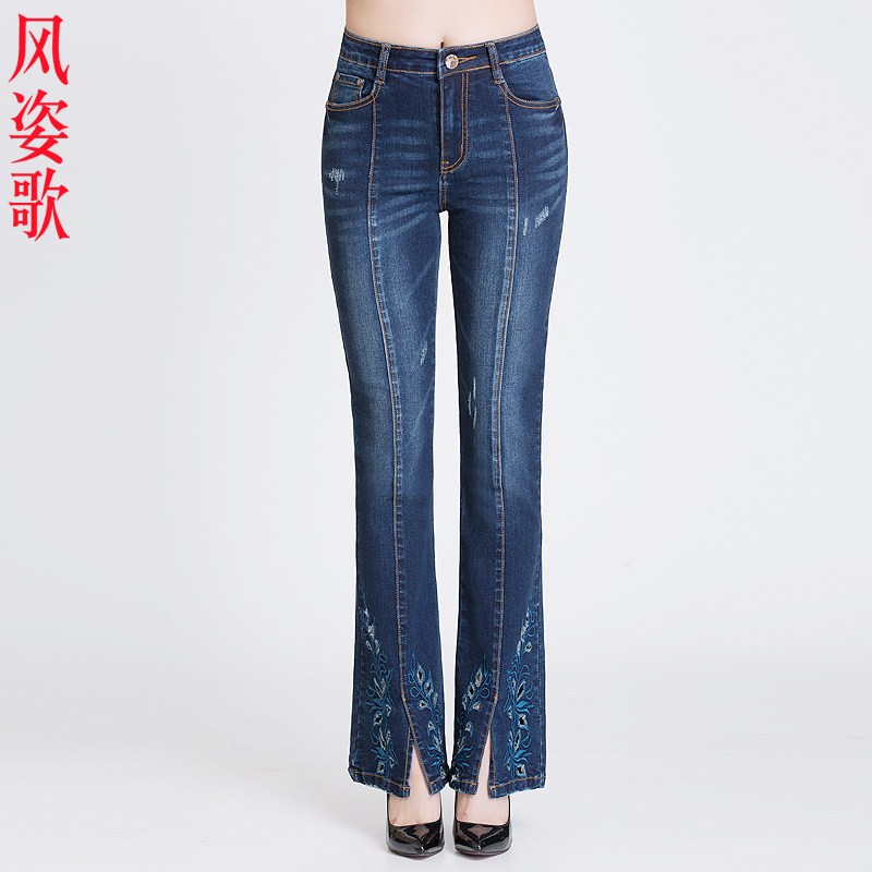 风姿歌2018夏季弹力裤脚分叉镂空刺绣开叉微喇牛仔裤长裤女3238 31 深蓝色