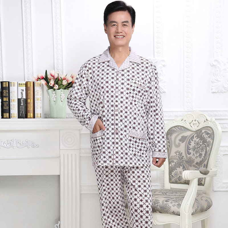 中老年人睡衣男春秋季开衫长袖棉质加大加肥男士爸爸休闲家居服 春秋天针织棉中年老年人公公居家服套装7606 XL码 10号款