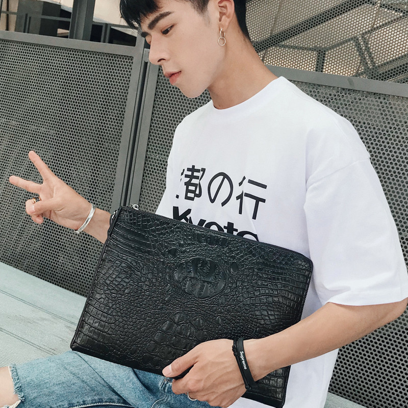 新款韩版男小包手包时尚皮质街头鳄鱼纹手拿包潮男户外ipad包潮包_3 黑色