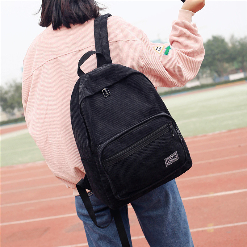 原宿风灯芯绒双肩包女韩版学院风帆布书包中学生简约ulzzang背包_6 黑色送零钱包+小熊