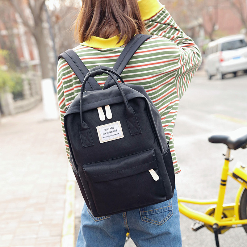 书包女韩版原宿ulzzang高中学生森系学院风撞色百搭帆布双肩包_9 黑色