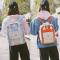 原宿风防水帆布双肩包女中学生韩版小清新书包少女bf学院风背包潮_20 嫩粉+灰色【大号】【送小熊+笔袋】