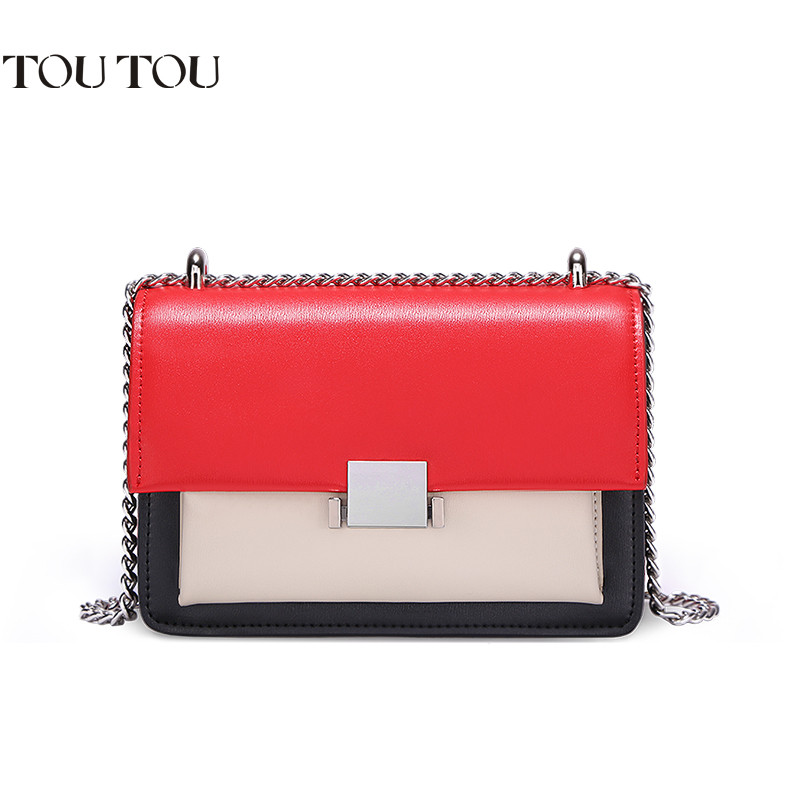 toutou2018新款包包女夏天时尚百搭迷你链条小方包撞色单肩斜挎包 大红配黑色