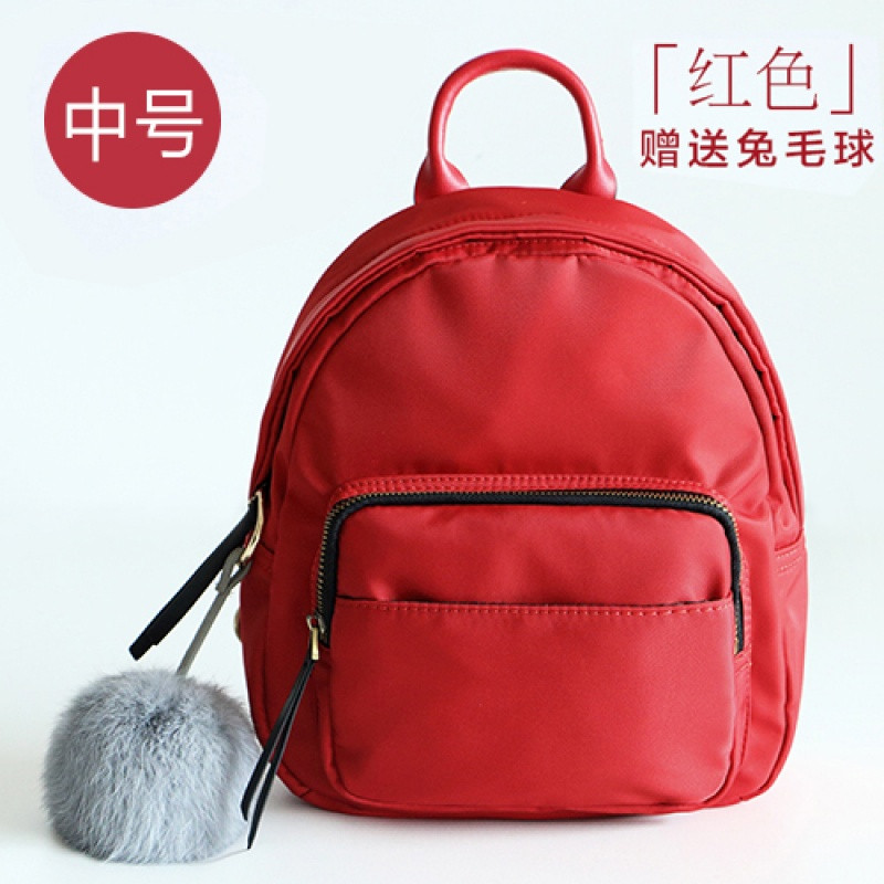 牛津布尼龙森系女包包2018新款韩版帆布小背包迷你双肩包斜挎包潮_1 中号红色配牛皮双肩包送兔毛球