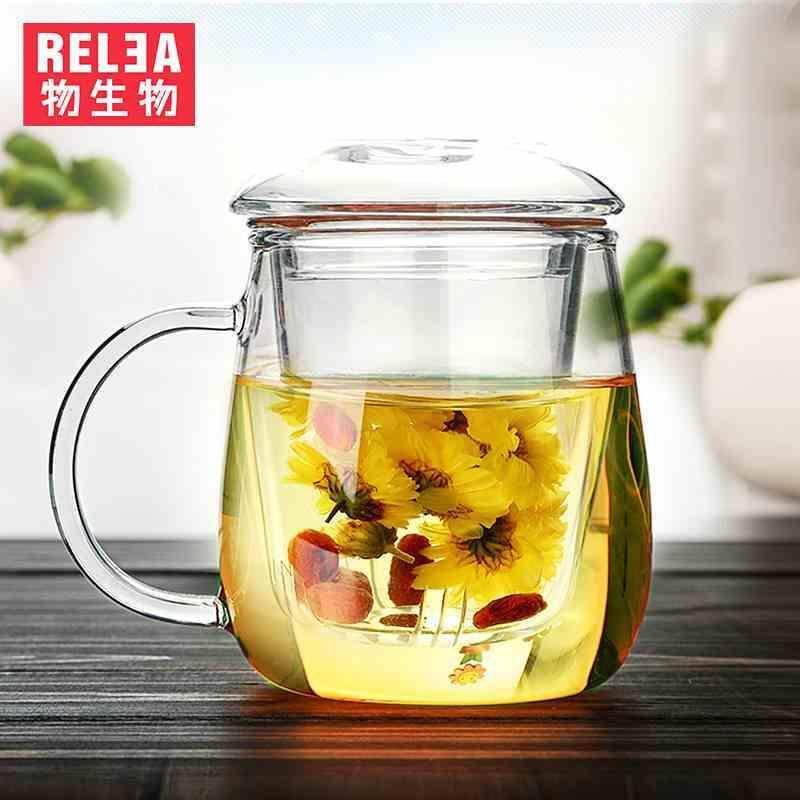 物生物(RELEA)三件套玻璃杯男女士办公室绿茶杯几何杯君子杯水杯花茶杯泡茶杯带盖加厚带过 大蘑菇500ml