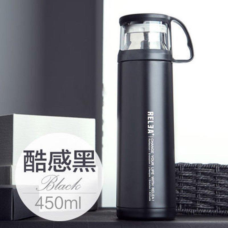 物生物(RELEA)保温杯男女士学生儿童直身泡茶杯450ml不锈钢壶创意可爱水杯品牌 酷感黑