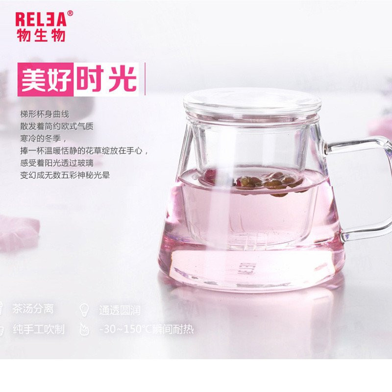 物生物(RELEA)蘑菇杯耐热创意玻璃杯夏天水杯女带盖杯子过滤透明花茶杯子 几何杯
