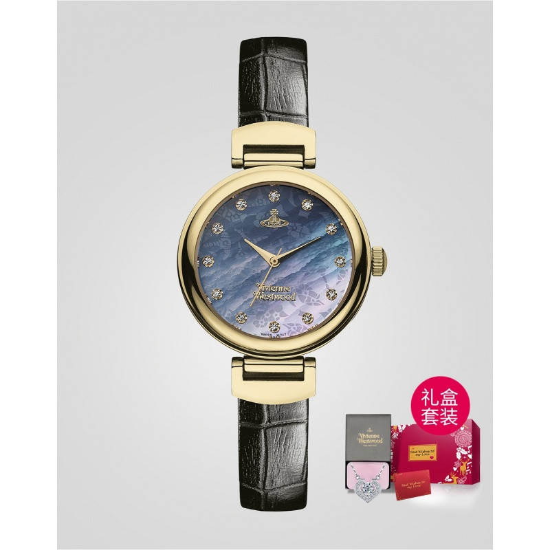 VivienneWestwood/薇薇安·威斯特伍德英国进口手表贝母手表时尚典雅黑真皮 黑色