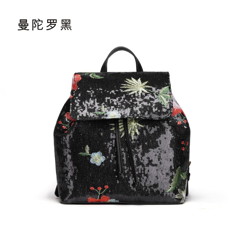 拉菲斯汀2018新款民族风刺绣双肩包休闲背包韩时尚旅行包花朵女包 曼陀罗黑