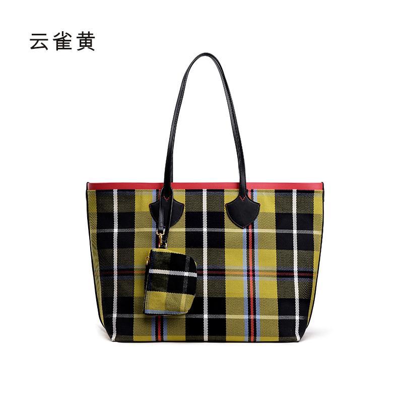 拉菲斯汀2018新款购物袋格子大包复古单肩包撞色手提包时尚托特包 云雀黄