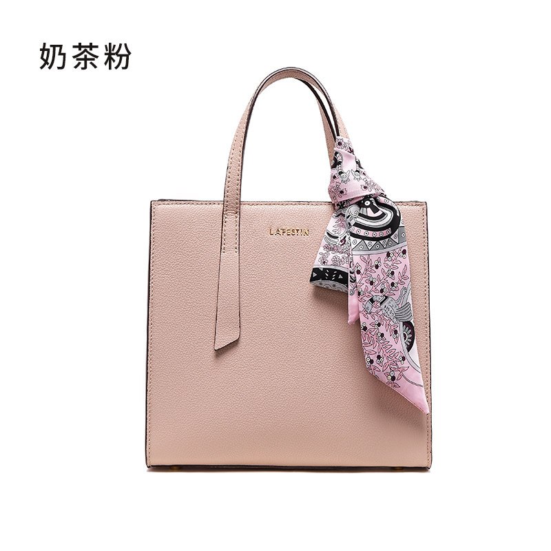 拉菲斯汀女包2018新款牛皮凯莉包女士硬把手提包时尚单肩斜挎女包 奶茶粉